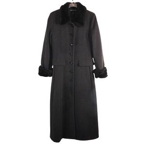 Vintage Black Long Wool Coat with Faux Fur Trim